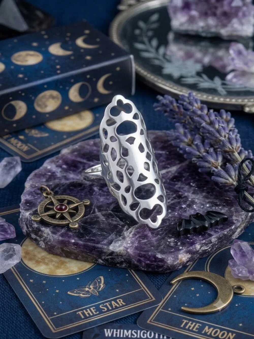 Silver Filigree Armor Ring Openwork Gothic Whimsigoth Statement 316L Steel Sz 8